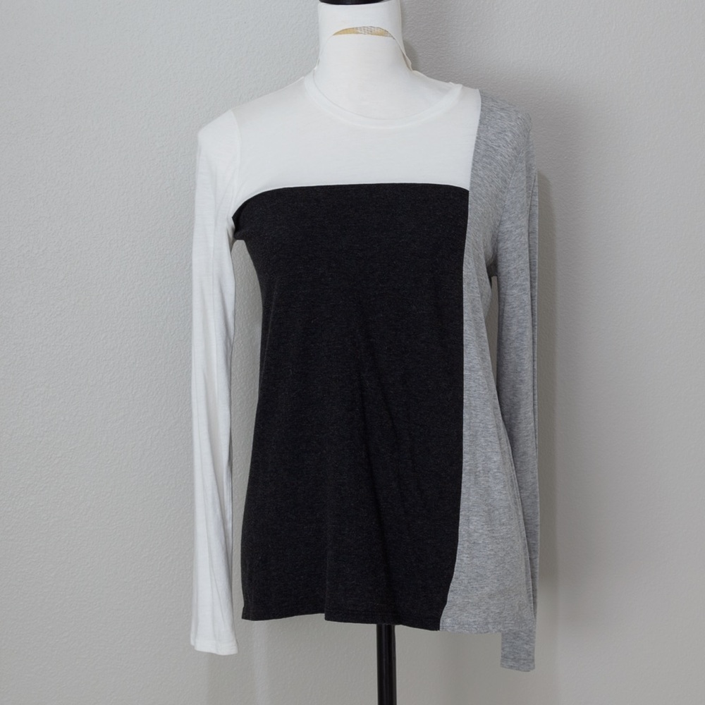 Vince Women's Colorblocked Black White Gray Long Sleeve Pima Cotton Tee sz Small